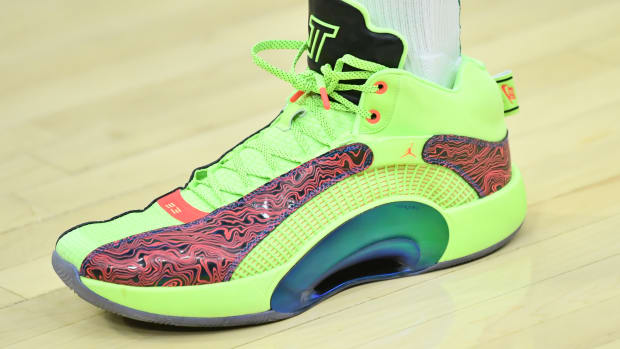 View of Jayson Tatum's shoes.